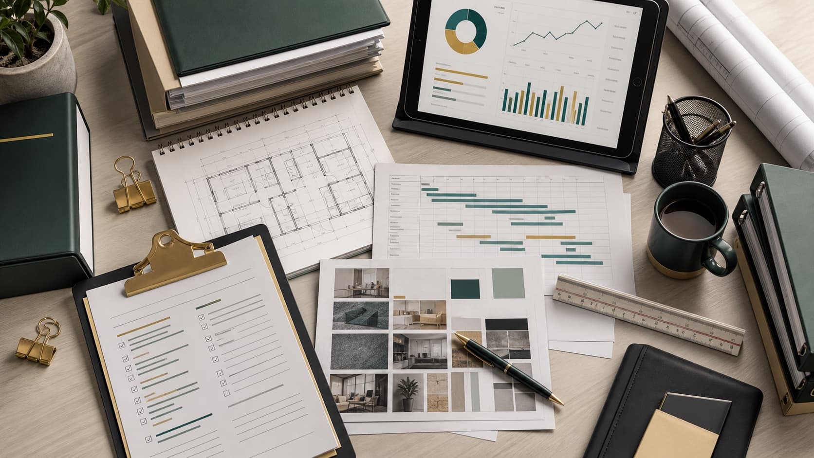 Project management desk with timeline sheets, checklists, folders, and dashboard