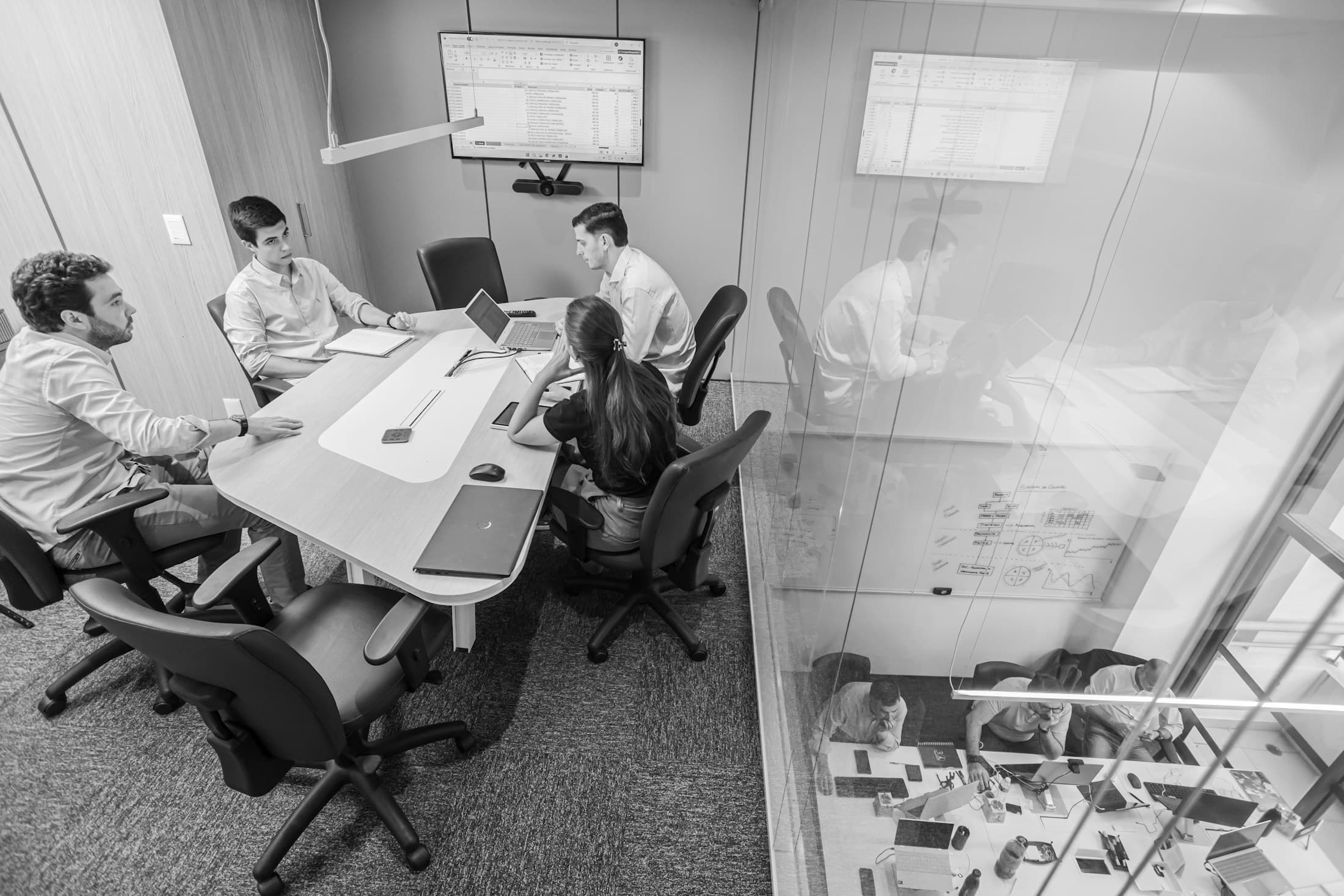 Boardroom workspace for international business coordination and partner communication