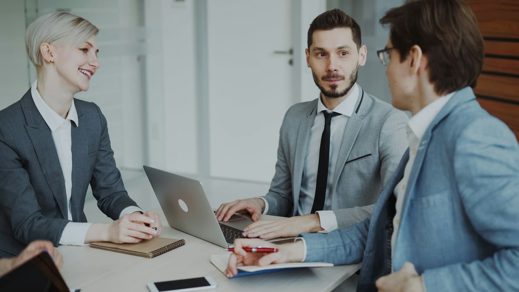 Professional business consulting meeting with clients and advisors
