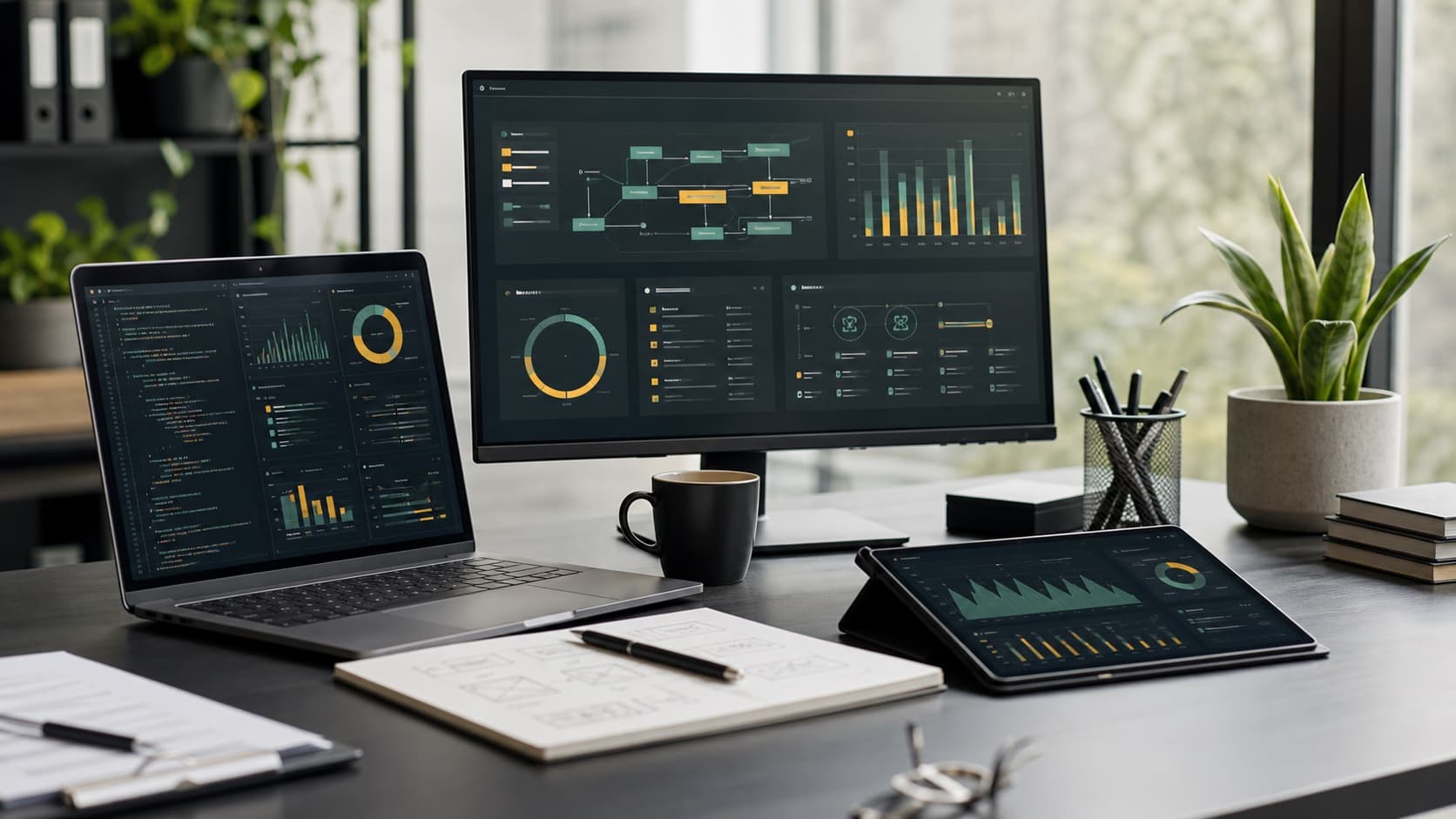 Digital design and web interface workspace with dashboards and layouts